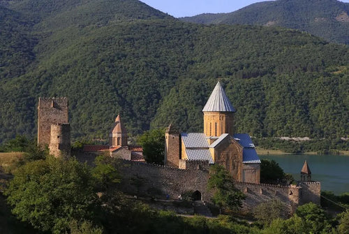 Exterior view of the medieval Ananuri Fortress, including its tower and the main church with the light-colored roof, surrounded by lush green mountains and the Zhinvali Reservoir on a private tour along the Georgian Military Highway.
