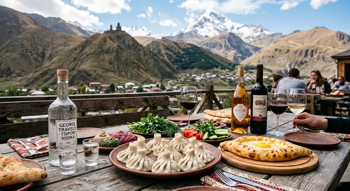 A traditional Georgian feast on a wooden terrace in Kazbegi, featuring fresh Khinkali, Adjarian Khachapuri, Saperavi wine, and local vodka, with a panoramic view of the Gergeti Trinity Church and the snow-capped Mount Kazbek in the background