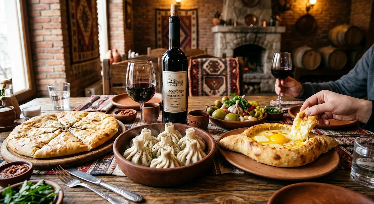 A traditional Georgian feast featuring Khinkali, Adjarian Khachapuri, and a bottle of Saperavi red wine on a rustic wooden table